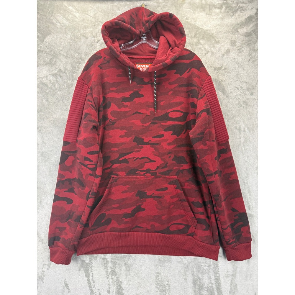 Seven Souls Mens Red Camo Hoodie Moto Ribbed Shoulder Pullover Fleece Large